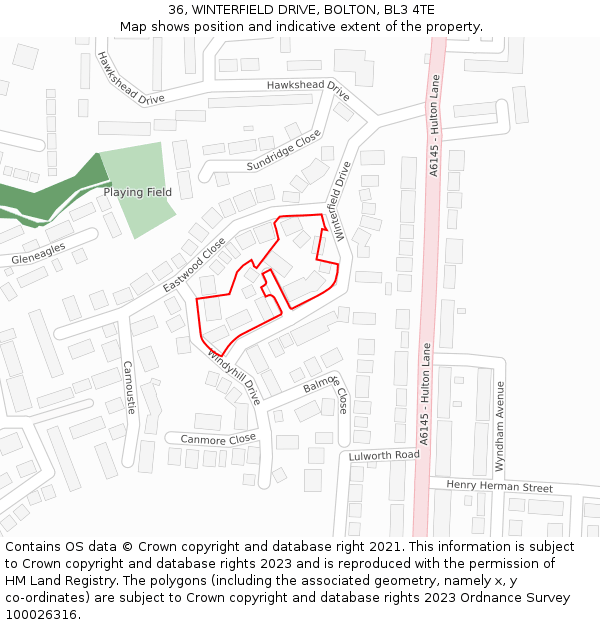 36, WINTERFIELD DRIVE, BOLTON, BL3 4TE: Location map and indicative extent of plot