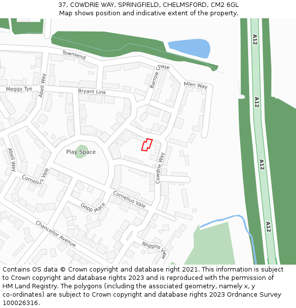 37, COWDRIE WAY, SPRINGFIELD, CHELMSFORD, CM2 6GL: Location map and indicative extent of plot