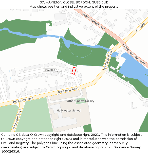 37, HAMILTON CLOSE, BORDON, GU35 0UD: Location map and indicative extent of plot