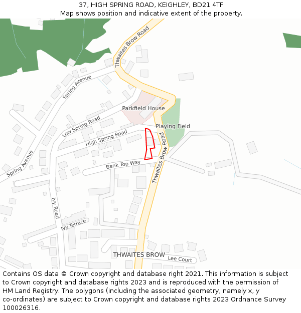 37, HIGH SPRING ROAD, KEIGHLEY, BD21 4TF: Location map and indicative extent of plot