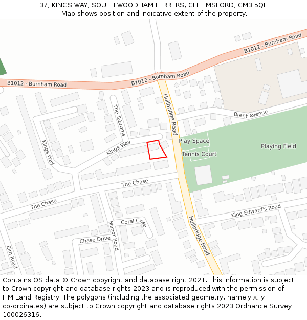 37, KINGS WAY, SOUTH WOODHAM FERRERS, CHELMSFORD, CM3 5QH: Location map and indicative extent of plot