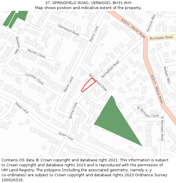 37, SPRINGFIELD ROAD, VERWOOD, BH31 6HY: Location map and indicative extent of plot