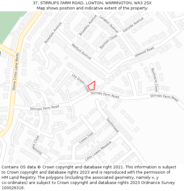 37, STIRRUPS FARM ROAD, LOWTON, WARRINGTON, WA3 2SX: Location map and indicative extent of plot