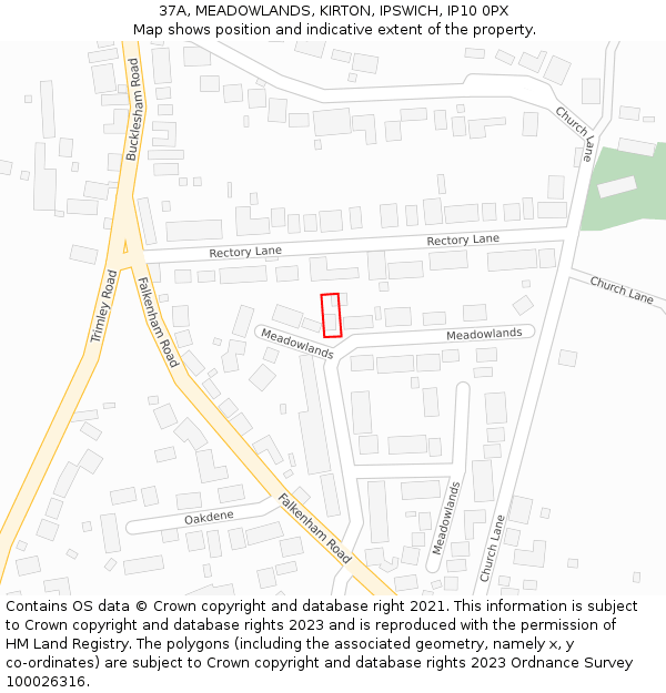 37A, MEADOWLANDS, KIRTON, IPSWICH, IP10 0PX: Location map and indicative extent of plot