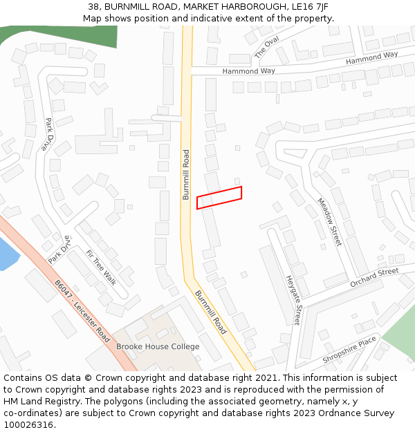 38, BURNMILL ROAD, MARKET HARBOROUGH, LE16 7JF: Location map and indicative extent of plot