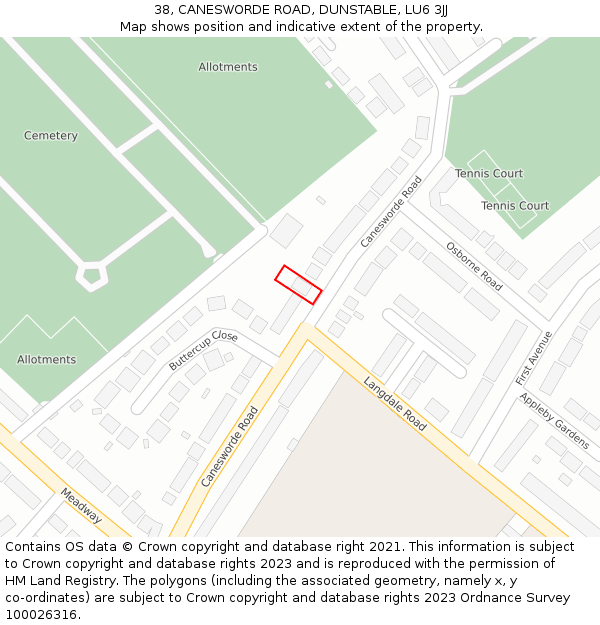 38, CANESWORDE ROAD, DUNSTABLE, LU6 3JJ: Location map and indicative extent of plot