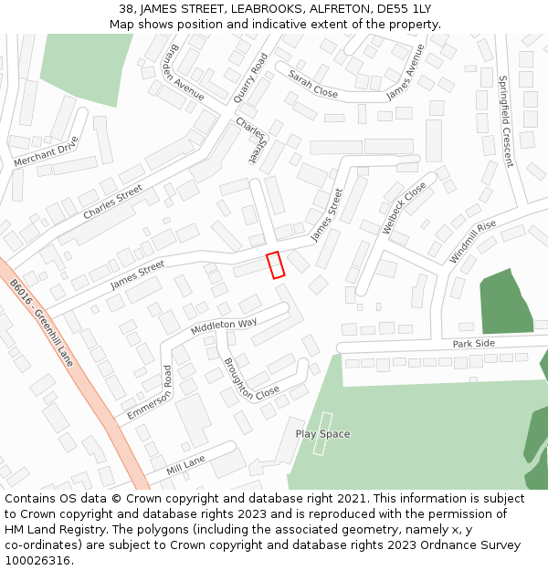 38, JAMES STREET, LEABROOKS, ALFRETON, DE55 1LY: Location map and indicative extent of plot