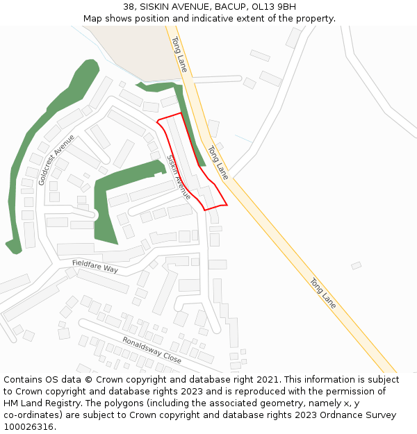 38, SISKIN AVENUE, BACUP, OL13 9BH: Location map and indicative extent of plot