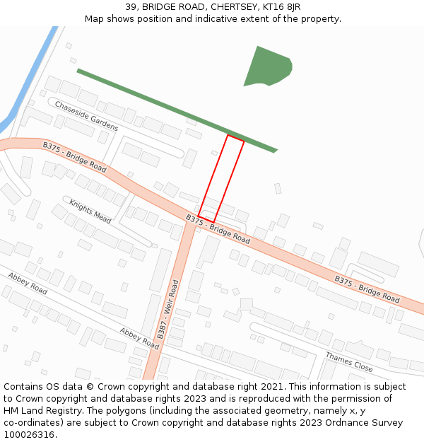 39, BRIDGE ROAD, CHERTSEY, KT16 8JR: Location map and indicative extent of plot