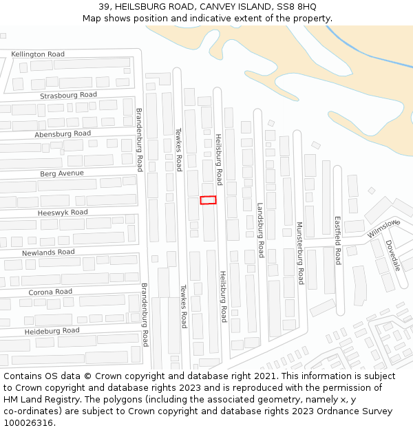 39, HEILSBURG ROAD, CANVEY ISLAND, SS8 8HQ: Location map and indicative extent of plot