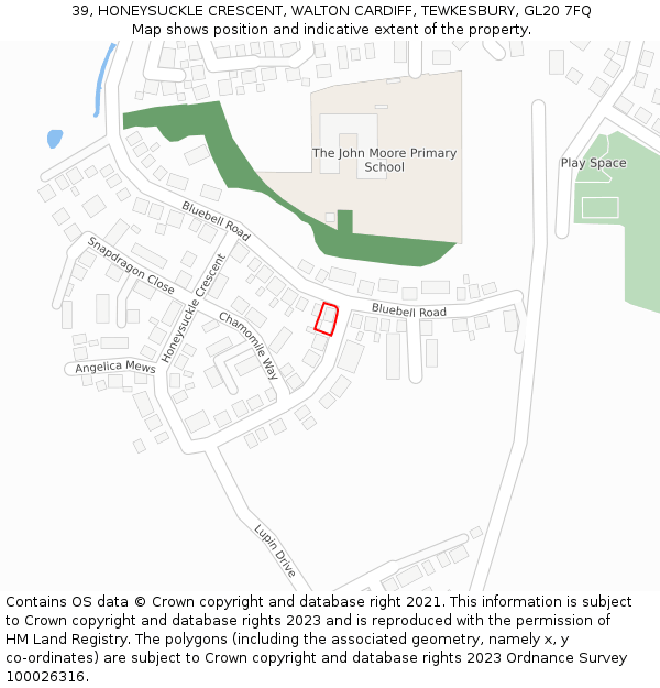 39, HONEYSUCKLE CRESCENT, WALTON CARDIFF, TEWKESBURY, GL20 7FQ: Location map and indicative extent of plot