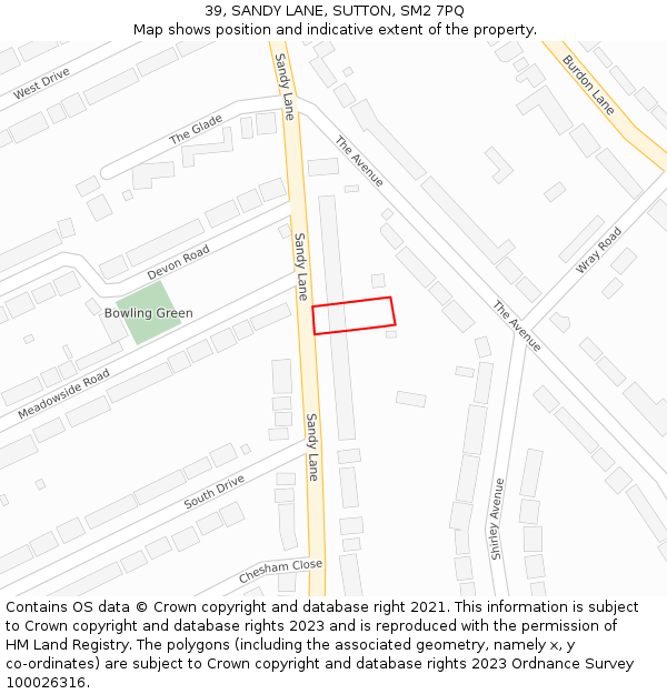 39, SANDY LANE, SUTTON, SM2 7PQ: Location map and indicative extent of plot