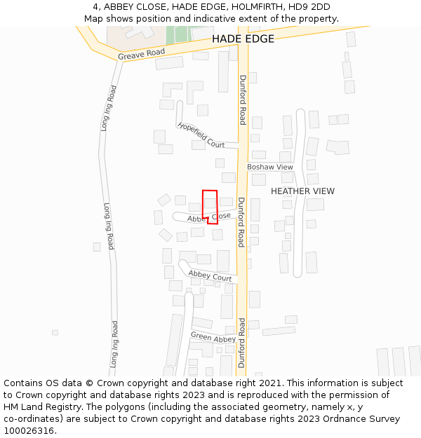 4, ABBEY CLOSE, HADE EDGE, HOLMFIRTH, HD9 2DD: Location map and indicative extent of plot