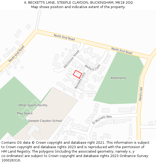 4, BECKETTS LANE, STEEPLE CLAYDON, BUCKINGHAM, MK18 2GQ: Location map and indicative extent of plot