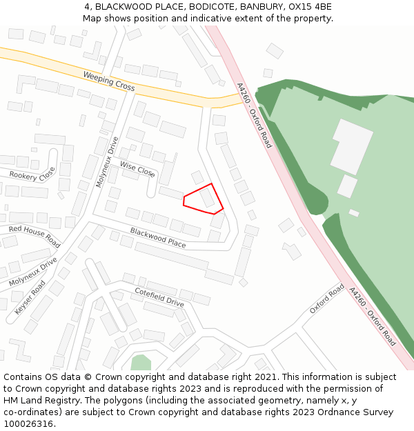 4, BLACKWOOD PLACE, BODICOTE, BANBURY, OX15 4BE: Location map and indicative extent of plot