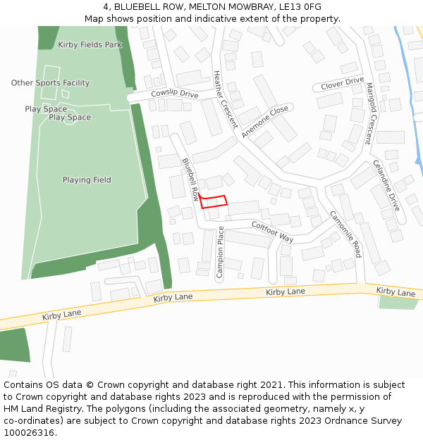 4, BLUEBELL ROW, MELTON MOWBRAY, LE13 0FG: Location map and indicative extent of plot