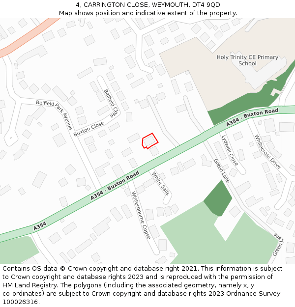 4, CARRINGTON CLOSE, WEYMOUTH, DT4 9QD: Location map and indicative extent of plot