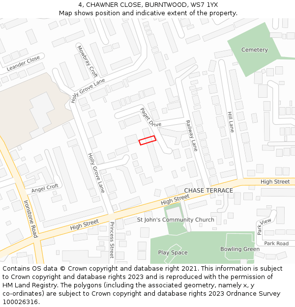 4, CHAWNER CLOSE, BURNTWOOD, WS7 1YX: Location map and indicative extent of plot