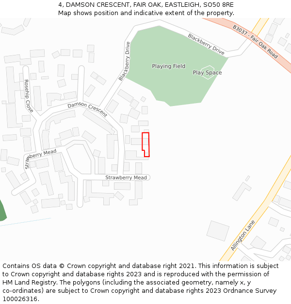 4, DAMSON CRESCENT, FAIR OAK, EASTLEIGH, SO50 8RE: Location map and indicative extent of plot