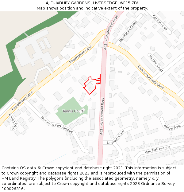 4, DUXBURY GARDENS, LIVERSEDGE, WF15 7FA: Location map and indicative extent of plot