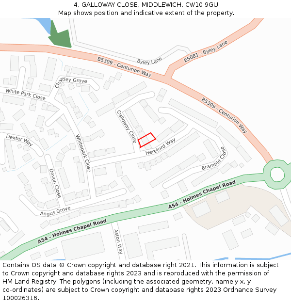 4, GALLOWAY CLOSE, MIDDLEWICH, CW10 9GU: Location map and indicative extent of plot