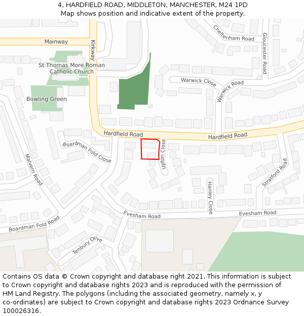 4, HARDFIELD ROAD, MIDDLETON, MANCHESTER, M24 1PD: Location map and indicative extent of plot