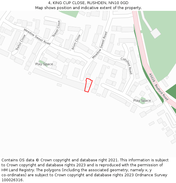 4, KING CUP CLOSE, RUSHDEN, NN10 0GD: Location map and indicative extent of plot