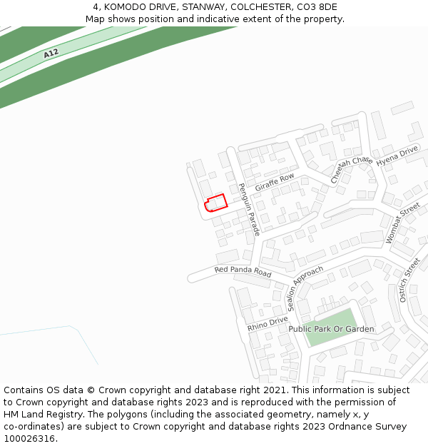 4, KOMODO DRIVE, STANWAY, COLCHESTER, CO3 8DE: Location map and indicative extent of plot