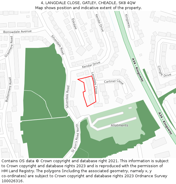 4, LANGDALE CLOSE, GATLEY, CHEADLE, SK8 4QW: Location map and indicative extent of plot