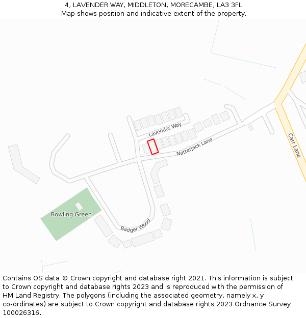 4, LAVENDER WAY, MIDDLETON, MORECAMBE, LA3 3FL: Location map and indicative extent of plot