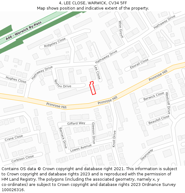 4, LEE CLOSE, WARWICK, CV34 5FF: Location map and indicative extent of plot