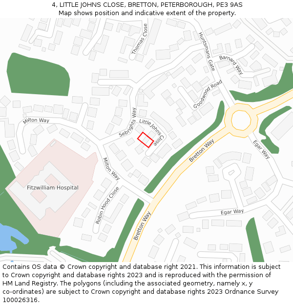 4, LITTLE JOHNS CLOSE, BRETTON, PETERBOROUGH, PE3 9AS: Location map and indicative extent of plot