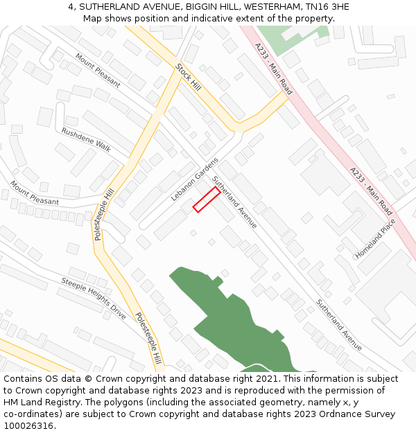 4, SUTHERLAND AVENUE, BIGGIN HILL, WESTERHAM, TN16 3HE: Location map and indicative extent of plot