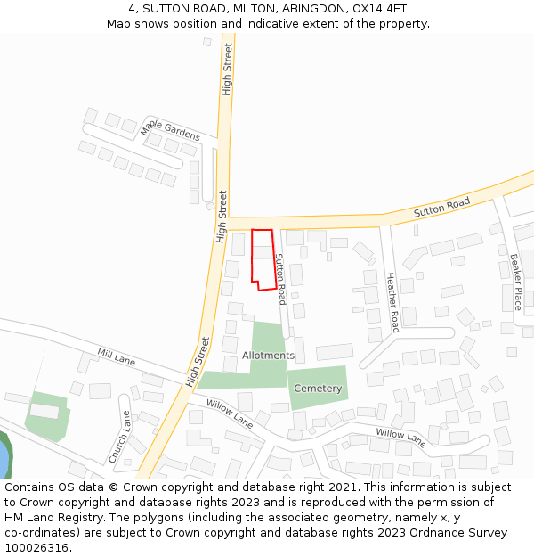 4, SUTTON ROAD, MILTON, ABINGDON, OX14 4ET: Location map and indicative extent of plot