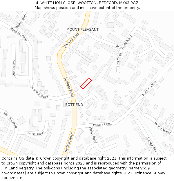 4, WHITE LION CLOSE, WOOTTON, BEDFORD, MK43 9GZ: Location map and indicative extent of plot