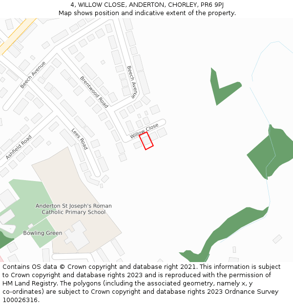 4, WILLOW CLOSE, ANDERTON, CHORLEY, PR6 9PJ: Location map and indicative extent of plot