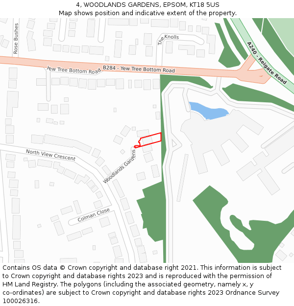 4, WOODLANDS GARDENS, EPSOM, KT18 5US: Location map and indicative extent of plot