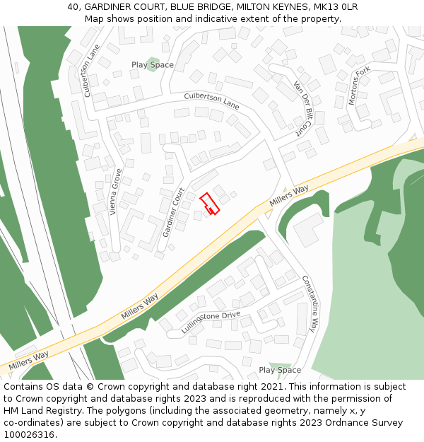 40, GARDINER COURT, BLUE BRIDGE, MILTON KEYNES, MK13 0LR: Location map and indicative extent of plot