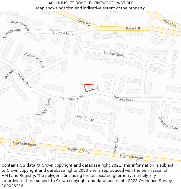 40, HUNSLET ROAD, BURNTWOOD, WS7 9LF: Location map and indicative extent of plot