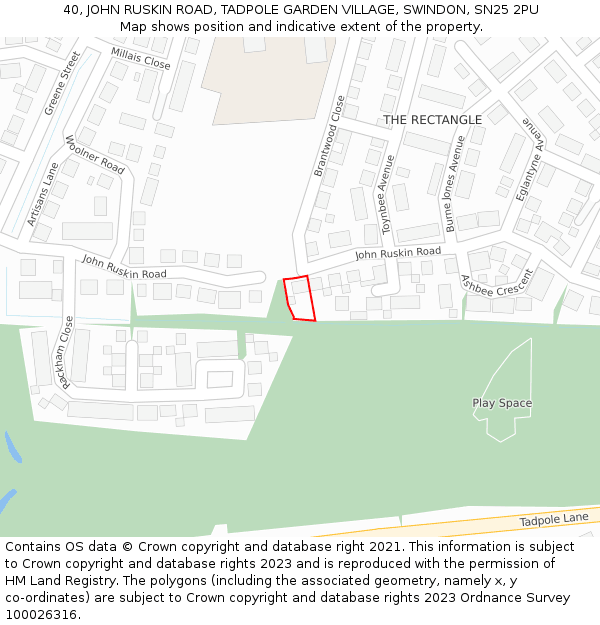 40, JOHN RUSKIN ROAD, TADPOLE GARDEN VILLAGE, SWINDON, SN25 2PU: Location map and indicative extent of plot