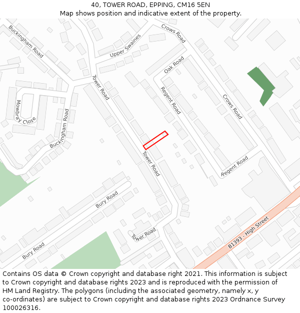 40, TOWER ROAD, EPPING, CM16 5EN: Location map and indicative extent of plot