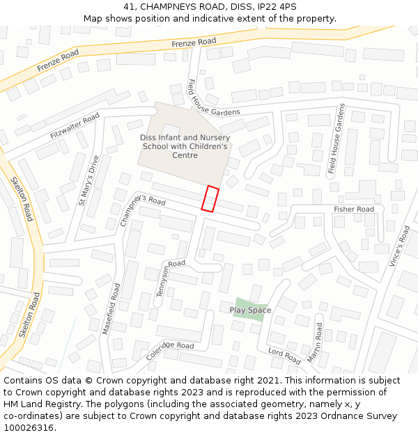 41, CHAMPNEYS ROAD, DISS, IP22 4PS: Location map and indicative extent of plot