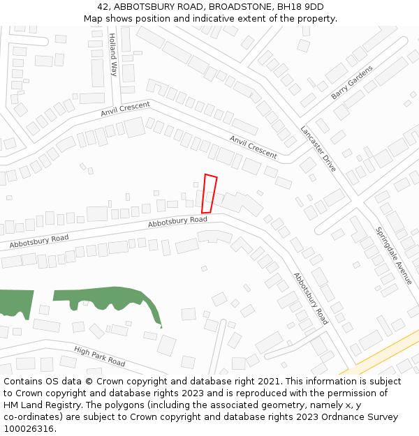 42, ABBOTSBURY ROAD, BROADSTONE, BH18 9DD: Location map and indicative extent of plot