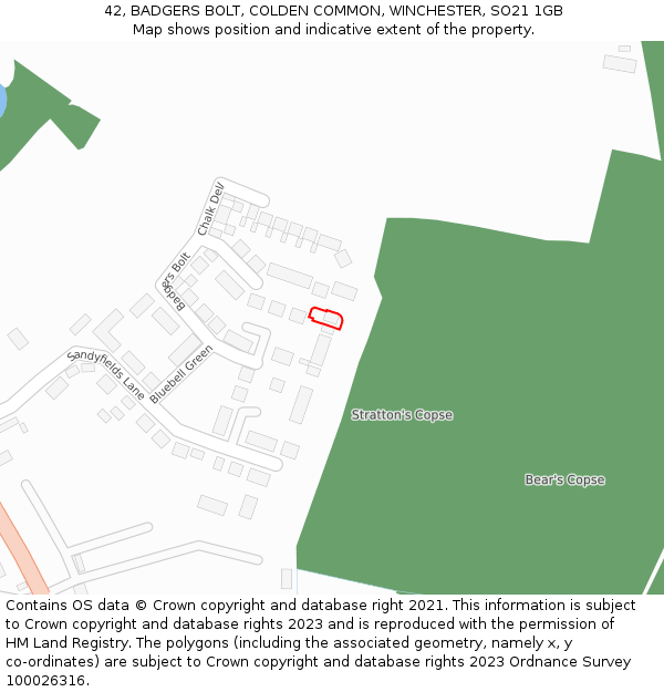 42, BADGERS BOLT, COLDEN COMMON, WINCHESTER, SO21 1GB: Location map and indicative extent of plot