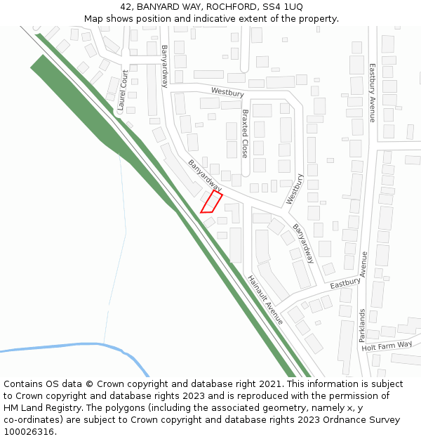 42, BANYARD WAY, ROCHFORD, SS4 1UQ: Location map and indicative extent of plot