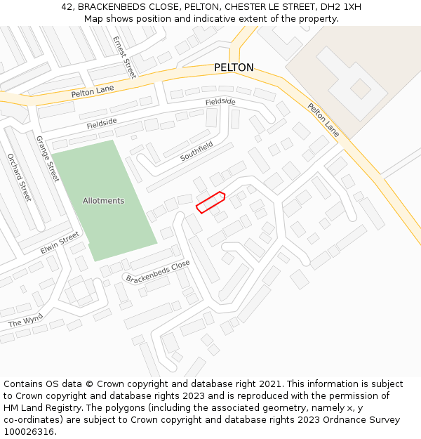 42, BRACKENBEDS CLOSE, PELTON, CHESTER LE STREET, DH2 1XH: Location map and indicative extent of plot