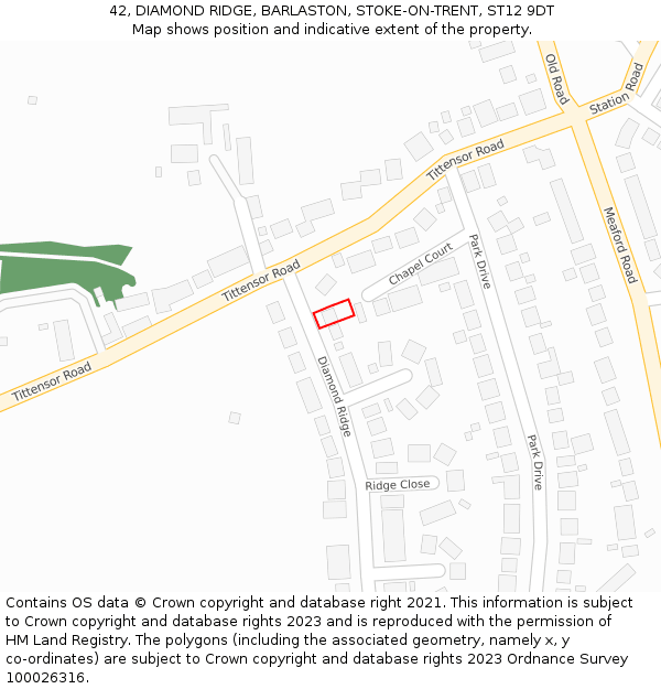 42, DIAMOND RIDGE, BARLASTON, STOKE-ON-TRENT, ST12 9DT: Location map and indicative extent of plot