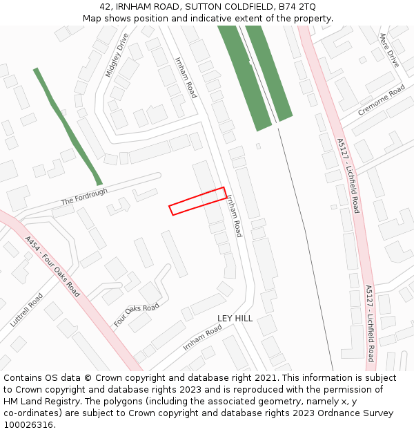 42, IRNHAM ROAD, SUTTON COLDFIELD, B74 2TQ: Location map and indicative extent of plot