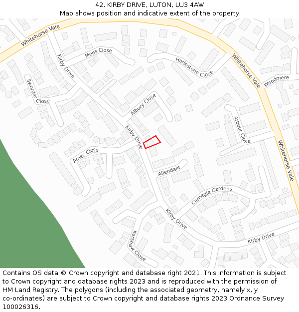 42, KIRBY DRIVE, LUTON, LU3 4AW: Location map and indicative extent of plot