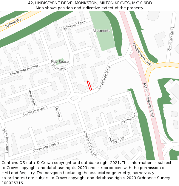 42, LINDISFARNE DRIVE, MONKSTON, MILTON KEYNES, MK10 9DB: Location map and indicative extent of plot